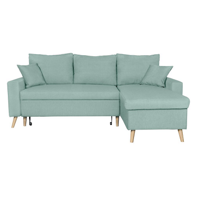 Canap&eacute; d'angle scandinave convertible avec coffre en tissu bleu clair