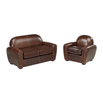 VENTE UNIQUE Canap&eacute; et fauteuil club BAUDOIN 100% cuir vieilli  - Marron