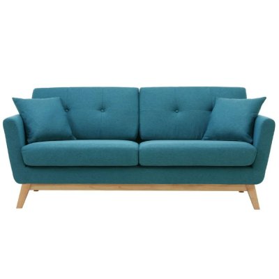 CONCEPT USINE Canap&eacute; scandinave 3 places et 2 coussins en tissu bleu canard