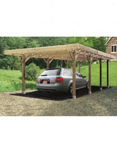 SOLID Carport toit plat bois avec abri de jardin 306x706cm