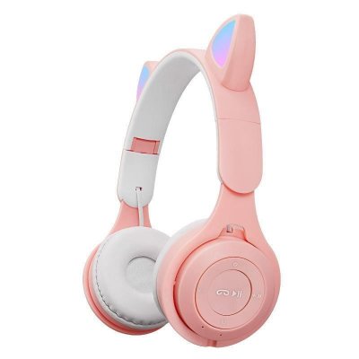 Casque Audio Pliable LED Chat Blanc Bluetooth 5.0 Son St&eacute;r&eacute;o Multimode Rose 