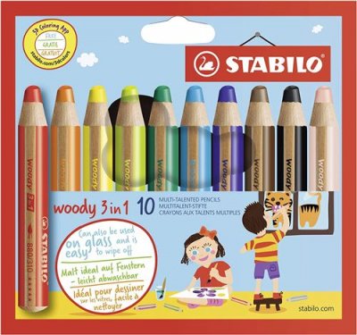 STABILO CC Hobby Woody 3-en-1, L: 11 cm, mine: 10 mm, Couleurs assorties, 10p