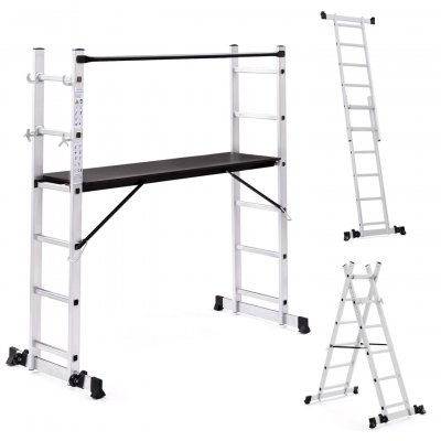 IDMARKET Chafaudage aluminium &eacute;chelle multifonction avec plateforme modulable sur roues, hauteur 165 cm