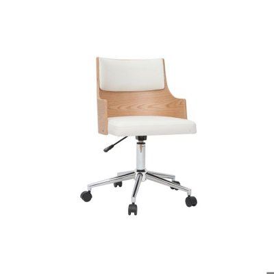Chaise de bureau &agrave; roulettes design blanc, bois clair et acier chrom&eacute; mayol