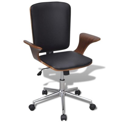 Chaise de bureau rotative en bois cintr&eacute; avec rev&ecirc;tement en faux cuir