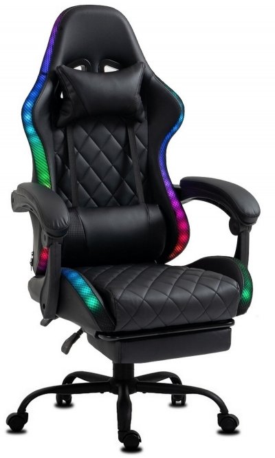 DELMAN Chaise Gaming Ergonomique LED RGB en Similicuir avec Repose-Pieds noir