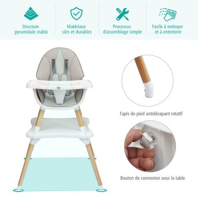 COSTWAY Chaise Haute B&eacute;b&eacute; Convertible 4 en 1 -  - Plateau R&eacute;glable - Coussin Amovible - Repose-Pieds