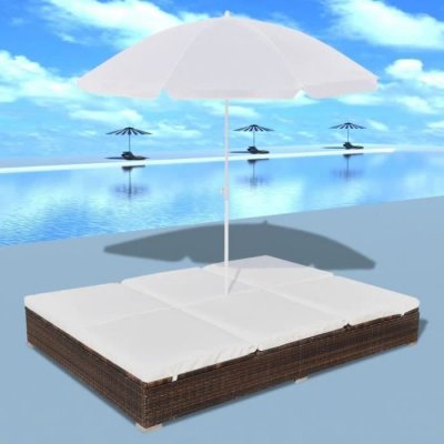VIDAXL Chaise longue d'ext&eacute;rieur avec parasol r&eacute;sine tress&eacute;e marron