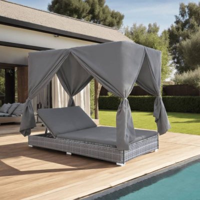 VIDAXL Chaise longue d'ext&eacute;rieur avec rideaux R&eacute;sine tress&eacute;e Gris  Gris