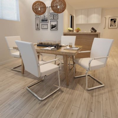 Chaises de salle &agrave; manger cantilever 4 pcs blanc similicuir