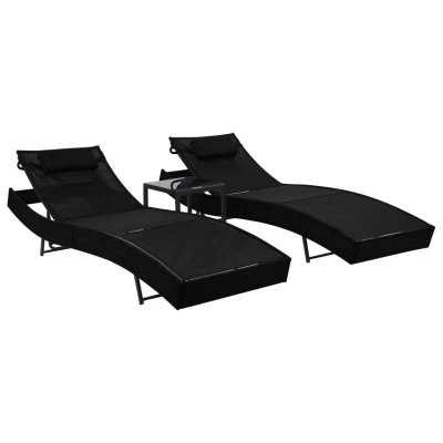 VIDAXL Chaises longues 2 pcs et table R&eacute;sine tress&eacute;e et textil&egrave;ne Noir