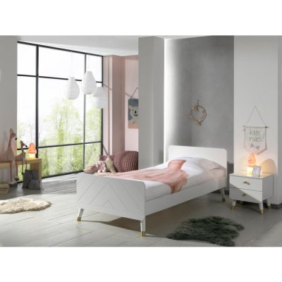 Chambre 2 pi&egrave;ces lit enfant 90x200 cm et chevet bois blanc satin&eacute; Funy