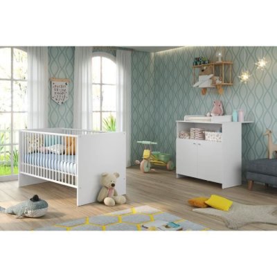 TRENDTEAM Chambre b&eacute;b&eacute; Duo : Lit 70 x 140 cm + Commode &agrave; langer NIKO - Blanc - TREND TEAM
