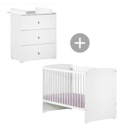 Chambre B&eacute;b&eacute; Duo Lit B&eacute;b&eacute; Blanc 120x60 + Commode &Agrave; Langer 3 Tiroirs Basic