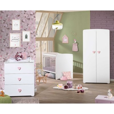 Chambre b&eacute;b&eacute; trio Basic coeur: lit 120x60, commode &agrave; langer et armoire - Babyprice - Blanc 