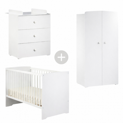 Chambre B&eacute;b&eacute; Trio Lit B&eacute;b&eacute; Blanc 120x60 + Commode &Agrave; Langer 3 Tiroirs + Armoire 2 Portes Basic Blanc