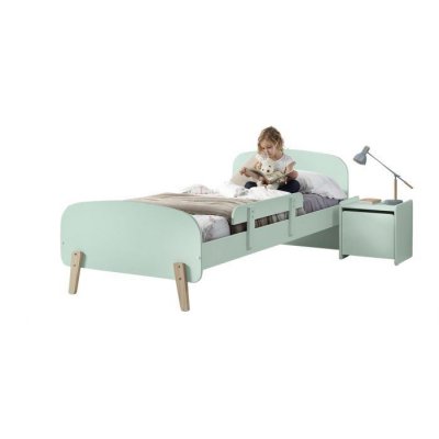 Chambre enfant 3 pi&egrave;ces lit rambarde et chevet bois laqu&eacute; vert et pin clair Kiddy 90x200 cm