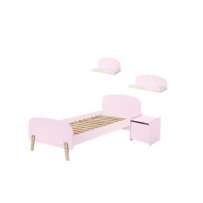 Chambre enfant 4 pi&egrave;ces lit chevet et 2 tiroirs bois laqu&eacute; rose et pin clair Kiddy 90x200 cm 