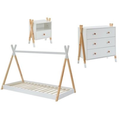 BAITA Chambre enfant compl&egrave;te TIPI - Blanc et bois - Lit + chevet + commode