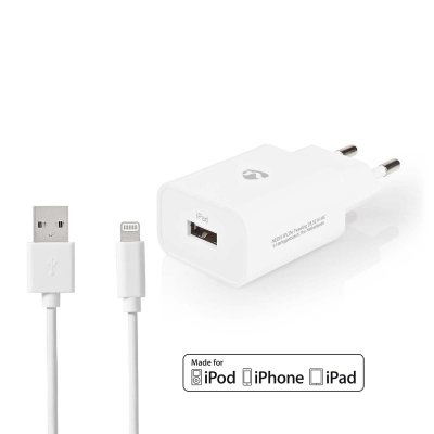 NEDIS Chargeur mural 2,4 a c&acirc;ble l&acirc;che certifi&eacute; lightning mfi blanc