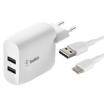 BELKIN Chargeur secteur double usb 24w avec c&acirc;ble usb-c 1m  boost charge blanc
