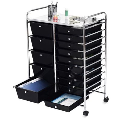 Chariot de Rangement &agrave; Roulette 15 Tiroirs en PP, pour chambre, bureau 62,5x37x87cm Noir