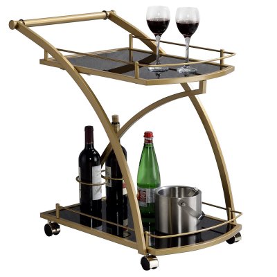 Chariot de service EVO, en m&eacute;tal dor&eacute; et plateaux en verre tremp&eacute; noir
