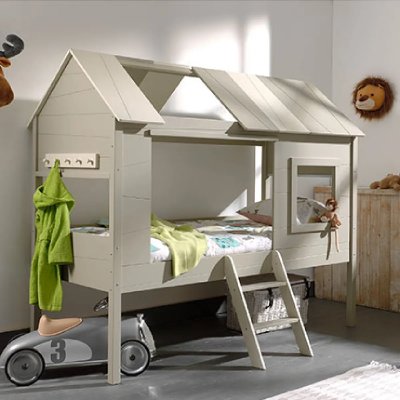 MES CHARLOTTE Lit cabane pin massif gris et beige 90x200cm + Rideaux
