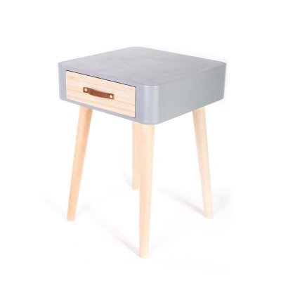 Chevet scandinave avec tiroir et poign&eacute;e en cuir blanc