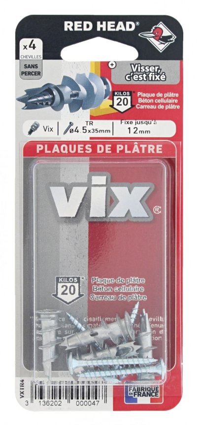 RED HEAD Cheville autoforeuse - lot de 4 - VIX + vis t&ecirc;te ronde