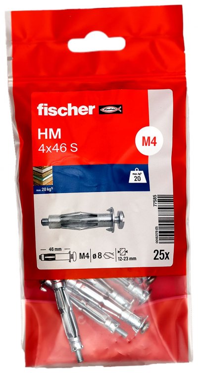 FISCHER Cheville  HM-S pour cloison creuse 4 mm x 46 mm bo&icirc;te de 25