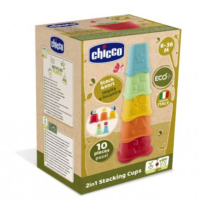 CHICCO  Cube &agrave; Empiler 2 en 1 Eco - Bo&icirc;te 5 cubes + 5 formes