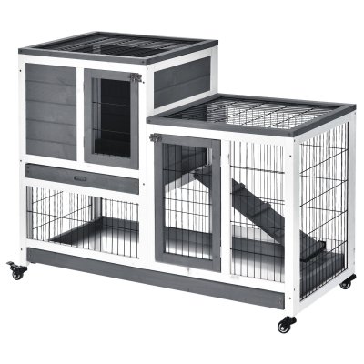 PAWHUT Clapier &agrave; lapin sur roulettes 2 &eacute;tages gris blanc