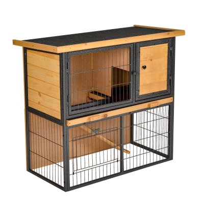 PAWHUT Clapier cage &agrave; lapin 2 niveaux 3 portes m&eacute;tal &eacute;poxy pin pr&eacute;-huil&eacute;
