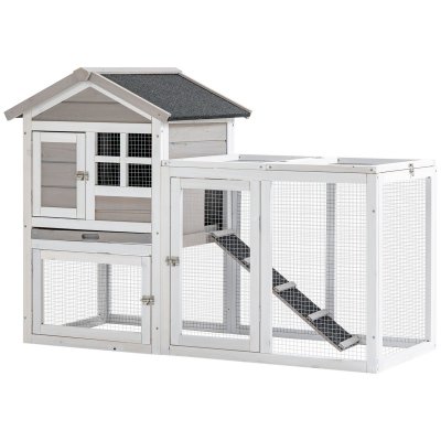 PAWHUT Clapier cage &agrave; lapins cottage bois sapin gris blanc