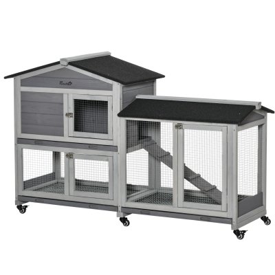 PAWHUT Clapier sur roulettes cage &agrave; lapins 2 niveaux 3 portes bois sapin gris