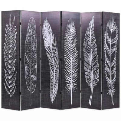 Cloison de s&eacute;paration pliable 228 x 170 cm Plumes Noir et blanc