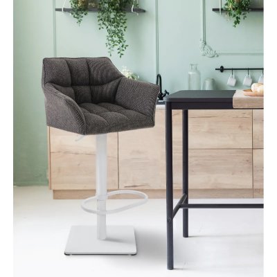 CLP - Tabouret de bar Damaso en Tissu gris titane M&eacute;tal blanc mat