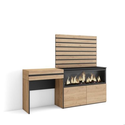 SKRAUT HOME Coiffeuse effet bois ch&ecirc;ne 177x35x145cm chemin&eacute;e effet feu XXL