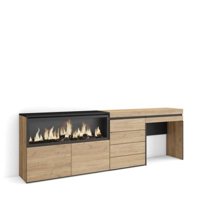 SKRAUT HOME Coiffeuse effet bois ch&ecirc;ne 234x35x75cm chemin&eacute;e effet feu XXL