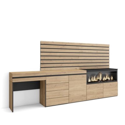 SKRAUT HOME Coiffeuse effet bois de ch&ecirc;ne 284x35x145cm chemin&eacute;e effet feu XXL