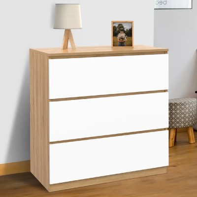 Commode 3 tiroirs TOMI 78 cm fa&ccedil;on h&ecirc;tre et blanc