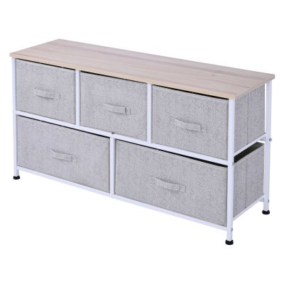 Commode 5 tiroirs non-tiss&eacute;s gris structure m&eacute;tal blanc plateau aspect bois clair
