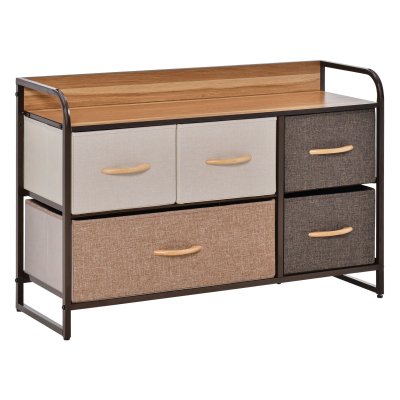 Commode 5 tiroirs tissu marron beige ch&acirc;ssis m&eacute;tal plateau aspect bois
