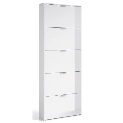 Commode &agrave; chaussures en bois de 5 abattants coloris blanc brillant - dim : 180 x 70 x 17 cm