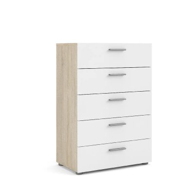 Commode &agrave; cinq tiroirs, ch&ecirc;ne et blanc brillant, 70 x 102 x 40,25 cm
