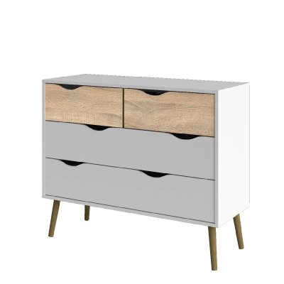 Commode &agrave; quatre tiroirs, blanc et ch&ecirc;ne, Mesures 98 x 81 x 39 cm