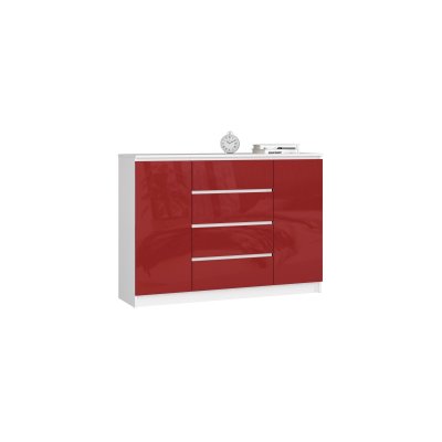 Commode akord k140 blanche 138 cm 2 portes 4 tiroirs fa&ccedil;ade rouge brillante 4 &eacute;tag&egrave;res 138x40x99 cm