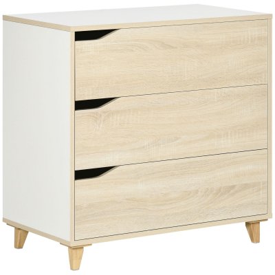 Commode design scandinave 3 tiroirs pi&egrave;tement effil&eacute; panneaux mdf blanc aspect bois clair