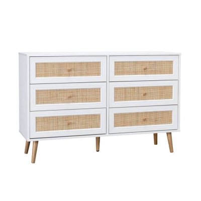 Commode effet bois et cannage 6 tiroirs boh&egrave;me. Blanc - 120x39x79cm 